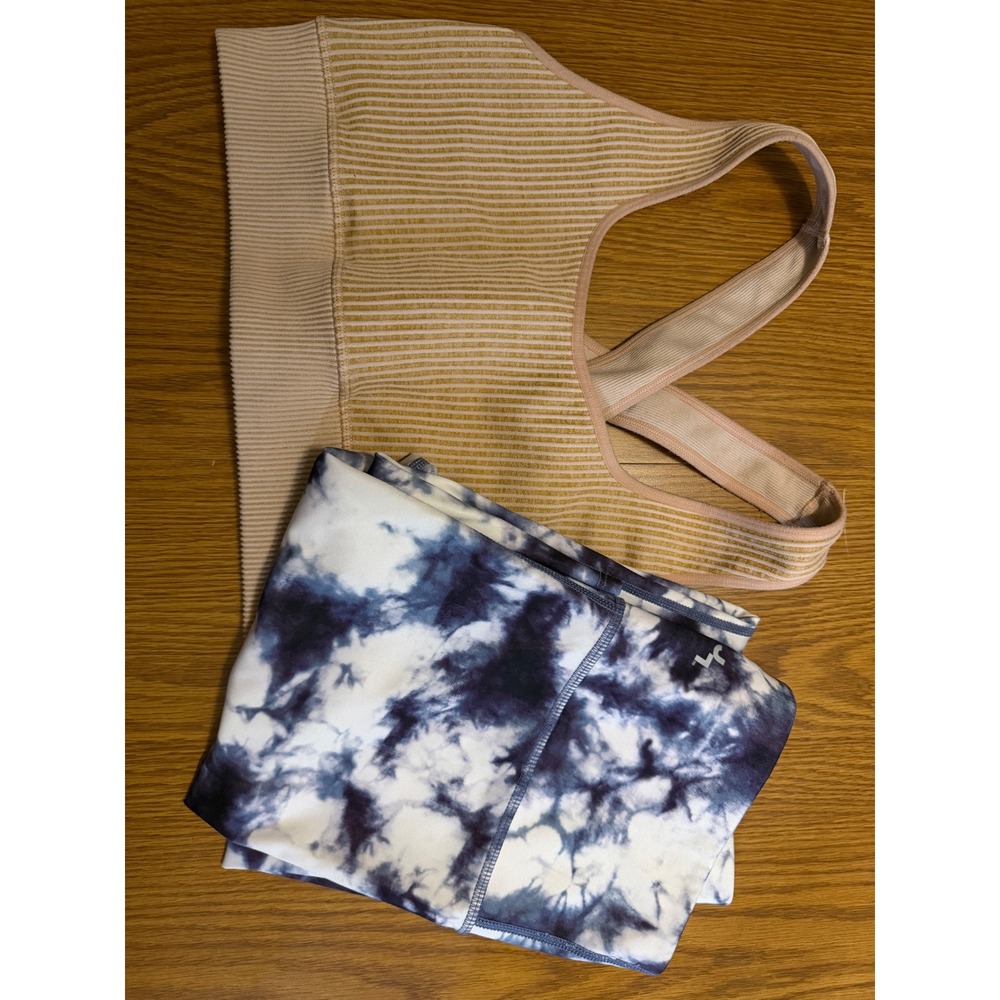 JoyLab Ribbed Crossback Sports Bra and Tie Dye High Waisted Leggings Set Small